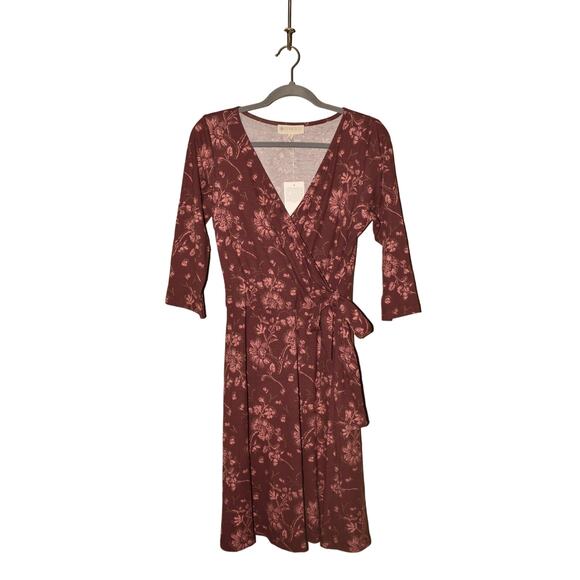 SYNERGY NEW $60 3/4 Sleeve Knee Length Floral Wrap‎ Dress in Mahogany Large - Picture 1 of 4